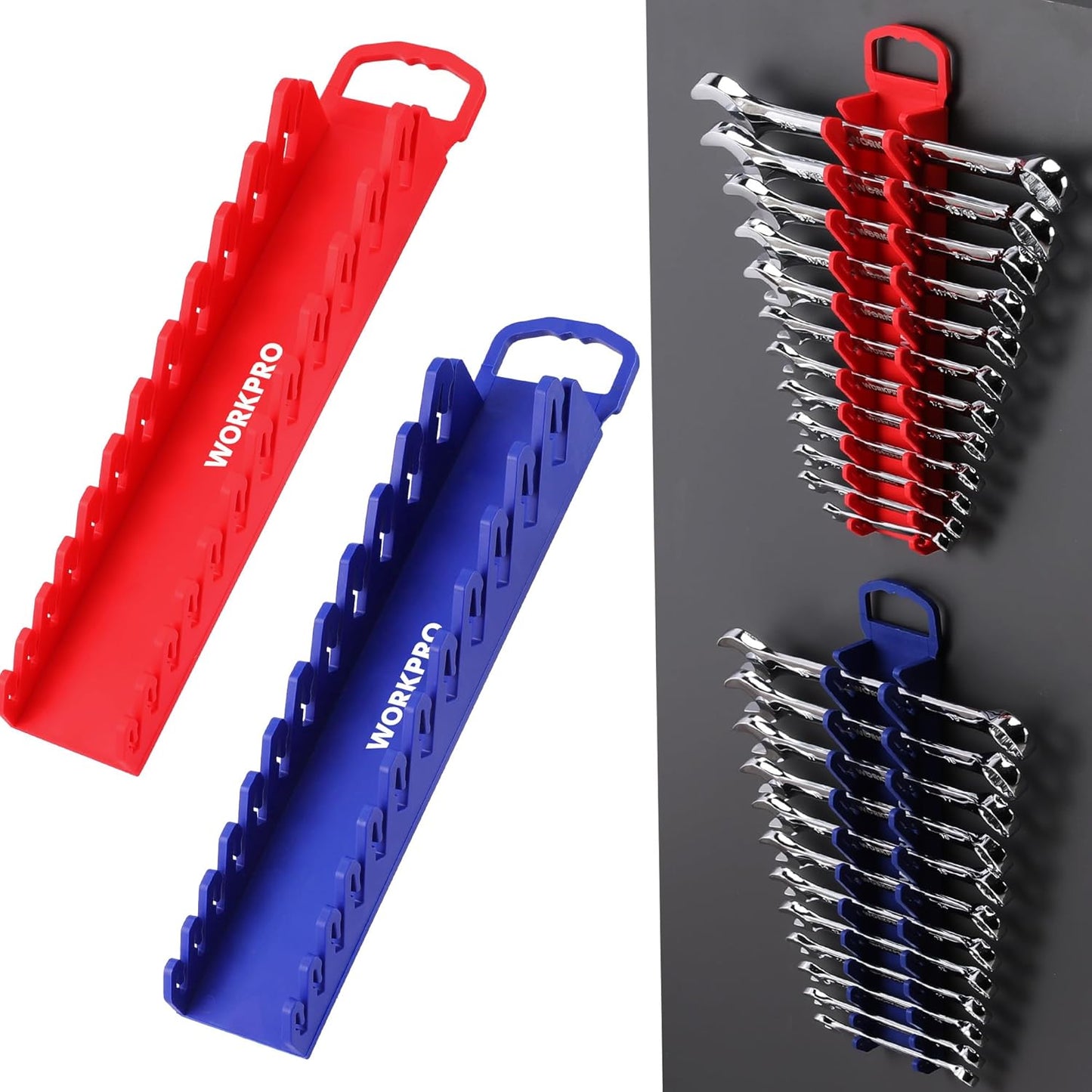 WORKPRO 2-Pack Magnetic Wrench Organizer, 12-Piece Gripper Wrench Holder for Stubby or Line Wrenches, Quality Wrench Rack Fits for SAE (1/4” to 15/16”) and Metric (6mm to 24mm), Flexible Teeth