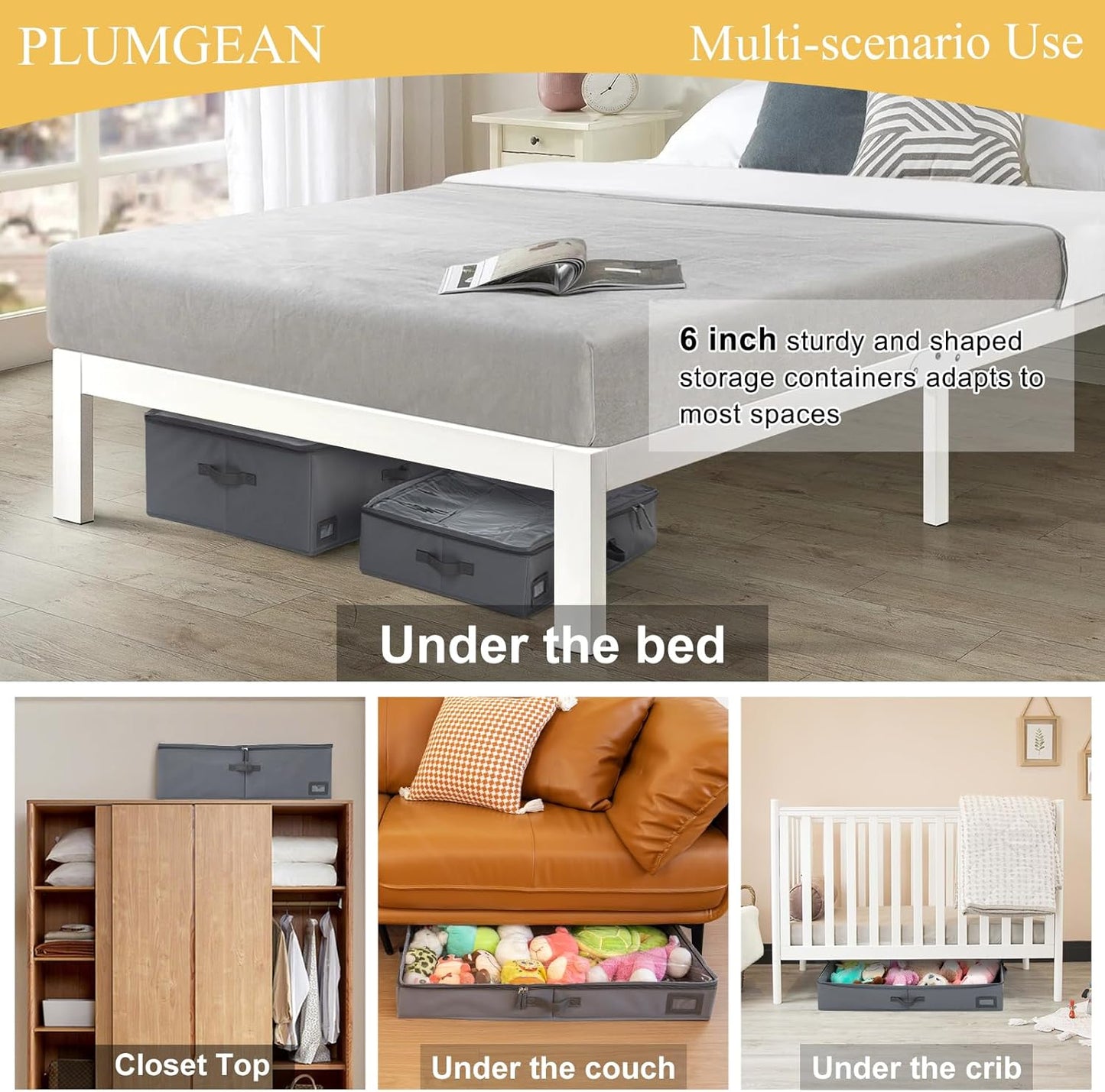 6-Inch Under Bed Storage Containers (3-Pack) | Sturdy Sidewalls | Clear Cover & Label Holder | Underbed Organizer for Crib/Couch | Stores Clothing/Blankets/Wrapping Paper/Toys