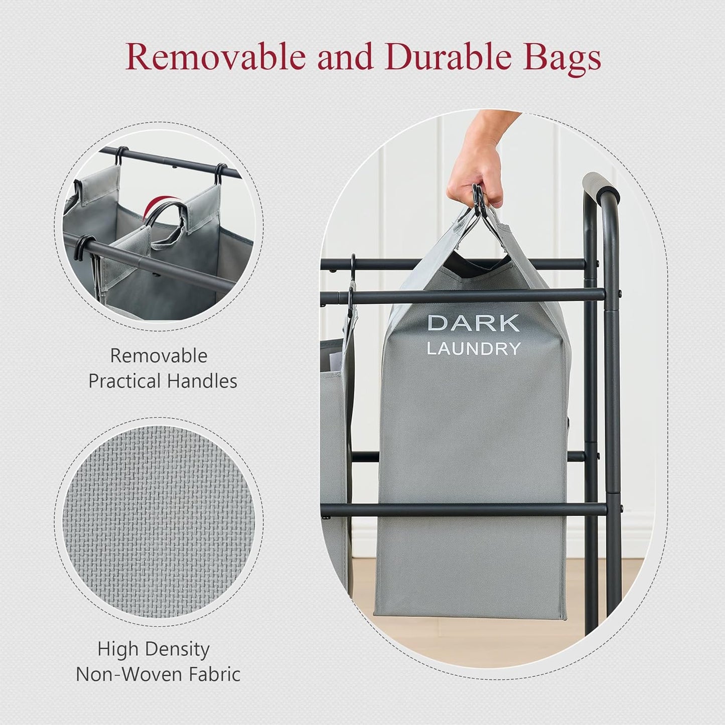Tajsoon Laundry Sorter, Laundry Hamper 5 Section with Heavy Duty Rolling Lockable Wheels, Laundry Basket Organizer with Removable Bags for Dirty Clothes Storage, Grey