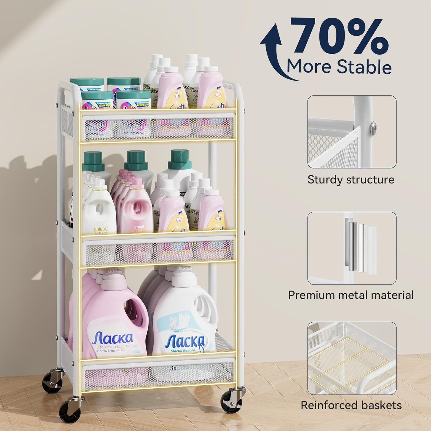 YASONIC 3 Tier Rolling Cart – Metal Utility Storage Carts with Wheels, Craft Carts Organizer with Hanging Cups, Hooks, Mesh Basket for Bedside Kitchen Office Art, White