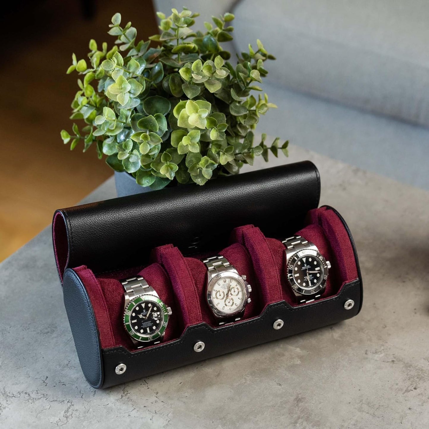 DailyWatch | Personalized Watch Roll Travel Case For 3 Watches - Handmade Genuine Leather Travel Case With Custom Engraving of Name or Initials - Black Cherry