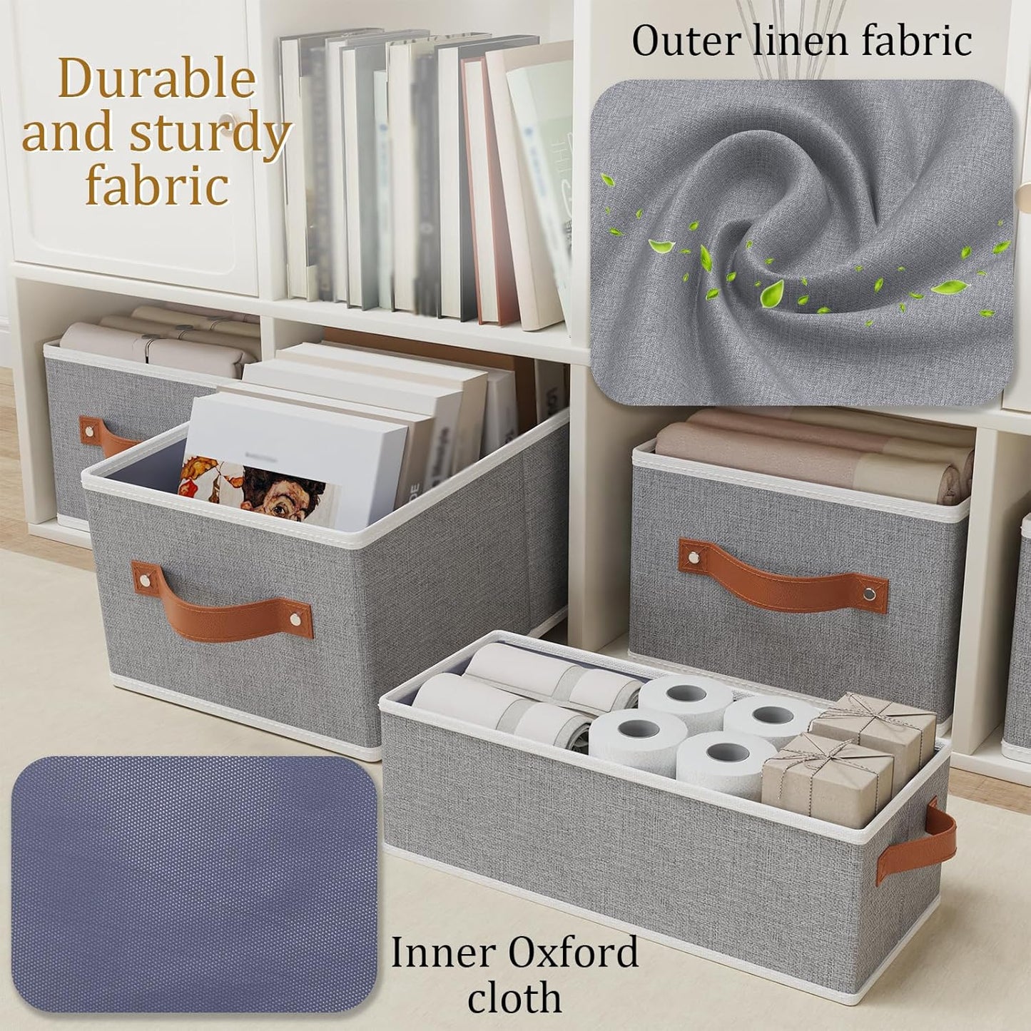 OUTBROS Foldable Bins With Handles, Fabric Storage Boxes, Foldable Bins With Handles, Wardrobe Baskets for Organizing, For bedrooms, living rooms, Shelves, White, 16.1 x 6.5 x 9.8 inch, 6-Pack