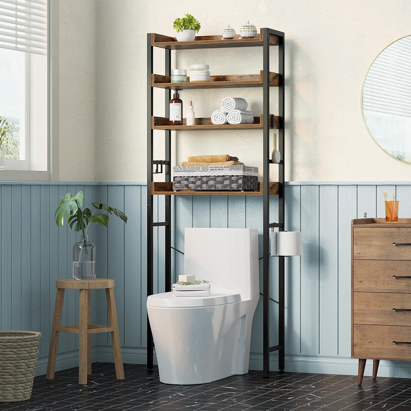 Rolanstar Over The Toilet Storage Rack, 3-Tier Bathroom Space Saver with Adjustable Shelves, Bathroom Organizer for Bathroom, Washroom, Rustic Brown