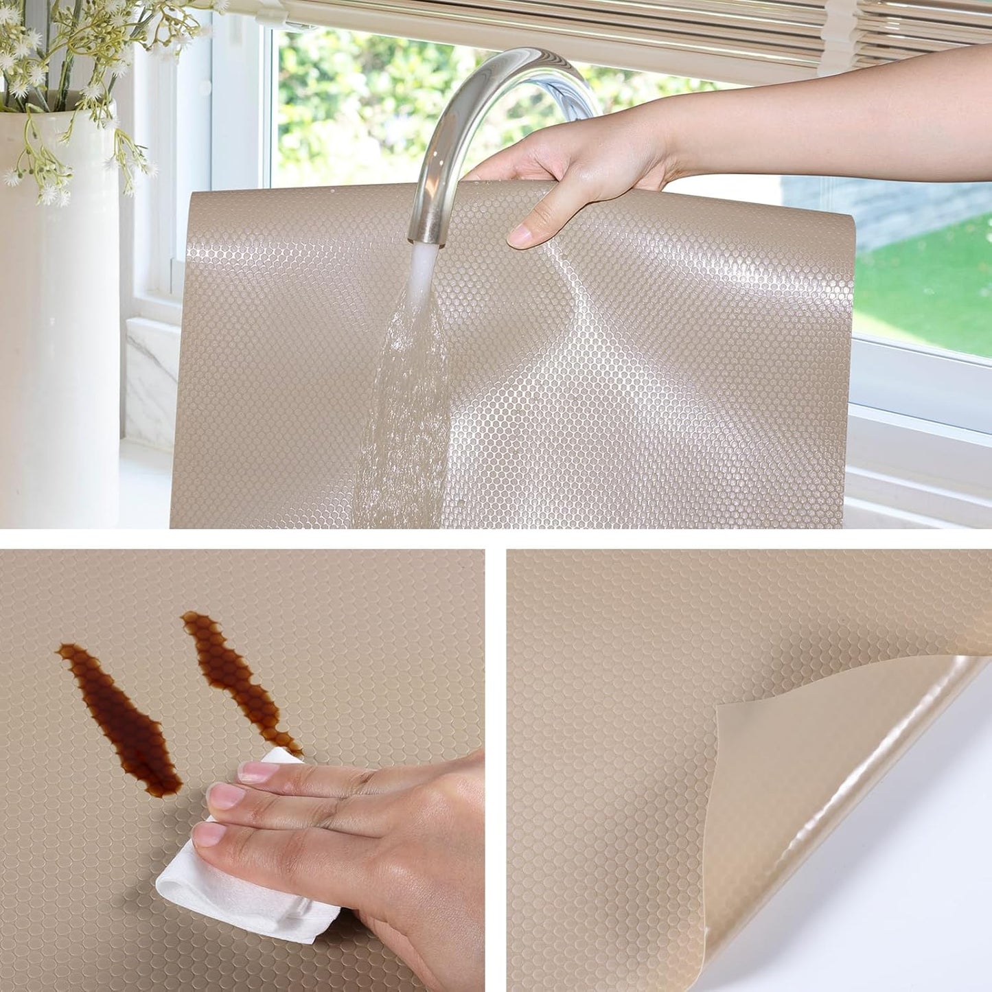 Beige Shelf Liners for Kitchen Cabinets Non Adhesive Drawer Liner for Bathroom Waterproof Refrigerator Liners for Shelves Fridge Plastic Mats Cabinet Cupboard Liner 23.6 x 78.7 Inches