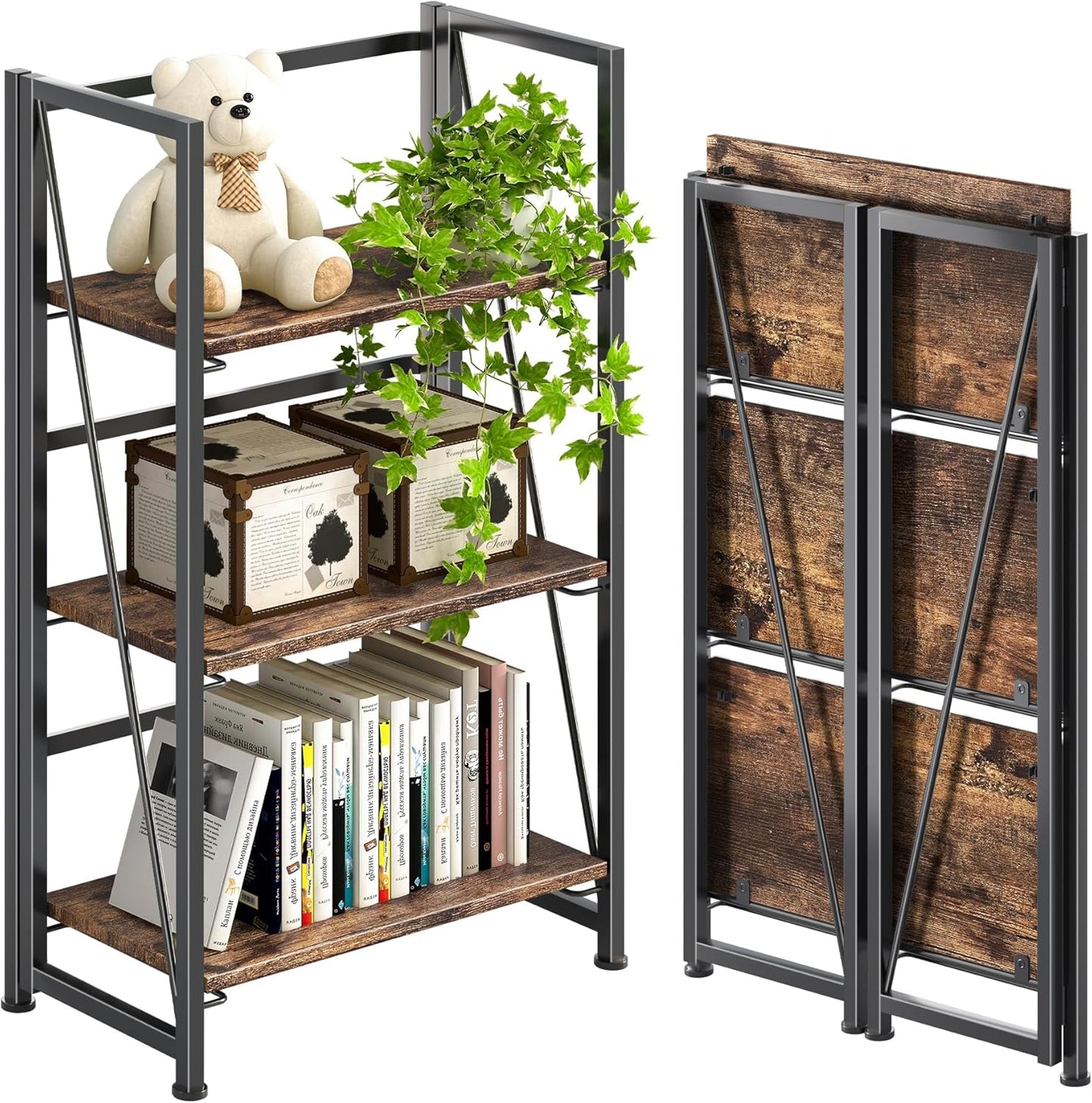4NM No Assembly Folding Bookshelf Storage Shelves 3 Tiers Vintage Bookcase Standing Racks Study Organizer Home Office (Rustic Brown Black)