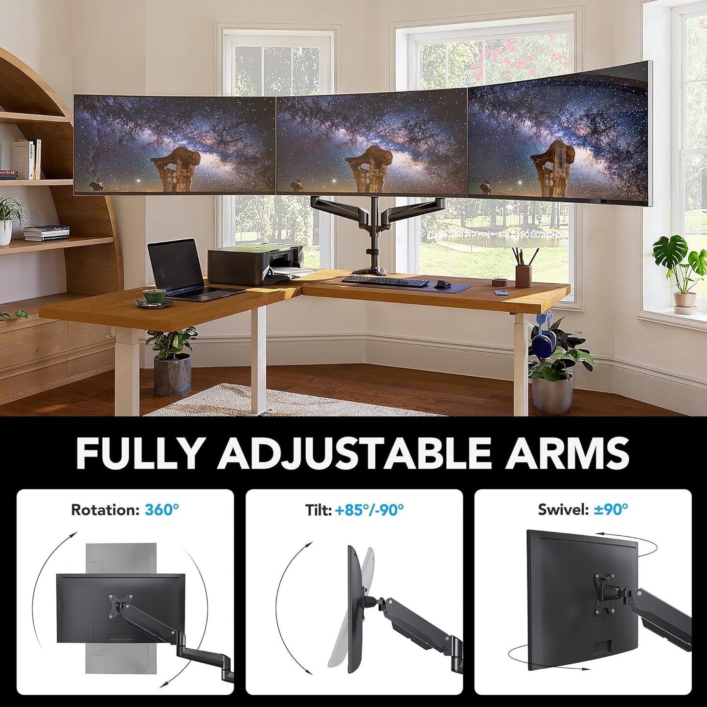 HUANUO Triple Monitor Mount for 17 to 32 inch Screens, Adjustment Triple Monitor Stand with Swivel, Tilt, Rotation, Clamp & Grommet Kit