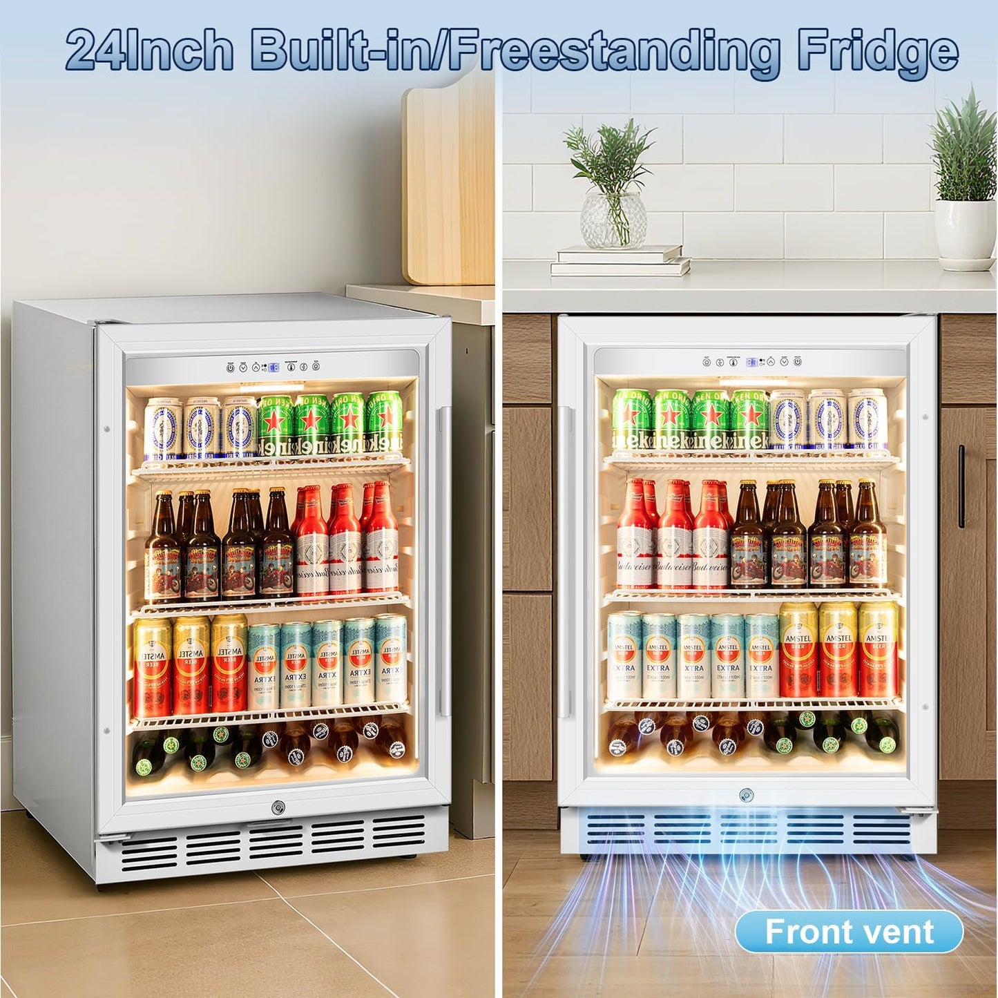 Beverage Refrigerator, 4.9 Cubic Feet Undercounter/Freestanding 24 Inch Beverage Fridge with Glass Door, LED Light, Safety Lock, Touch Control, Low Noise (White)