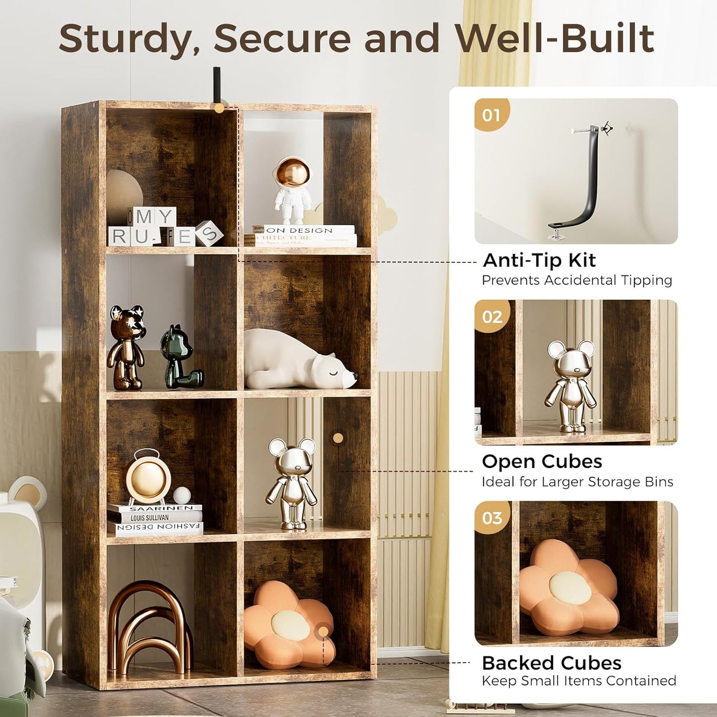 COMHOMA 8 Wood Cube Storage Organizer with Open Back and Removable Back Panels, 11In Brown Cube Storage Bookshelf, Cubicle Shelf Bookcase for Home Office Bedroom Living Room, Vertical or Horizontal