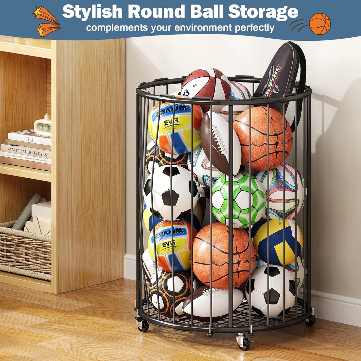 Garage Ball Storage: Round Sports Equipment Organizer with Wheels, Sports Ball Rack With Elastic Rope, Ball Holder for Basketball, Soccer, Volleyball, Football, Garage, Gym, Outdoor (Black)