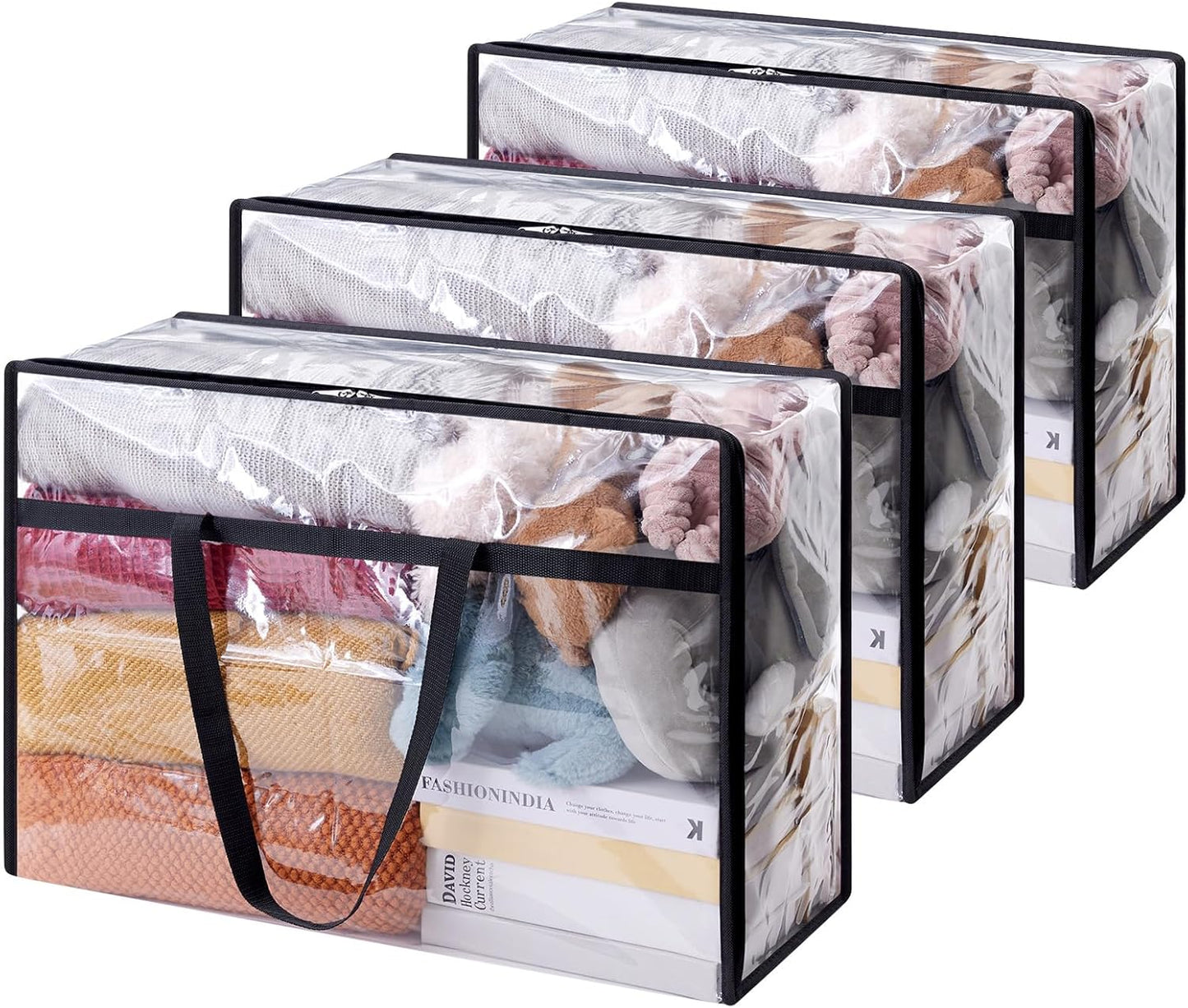Lifewit 3 Pack Clear Clothes Storage Bags, 60L Plastic Blanket Storage Bag, Vinyl Foldable Moving Bags with Zipper, Closet Organizers and Storage Containers for Bedding, Duvet, Comforter