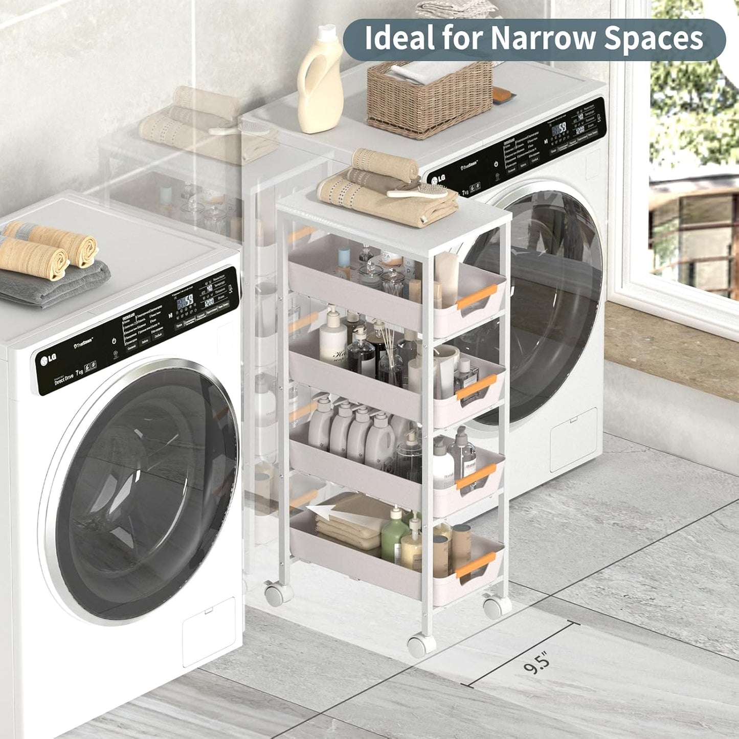 5 Tier Slim Rolling Utility Cart with Drawers Pull-Out Design Slim Storage Cart with Metal Frame and Wooden Top for Narrow Space in Home Kitchen Bathroom White (Width 9.5 Inches)
