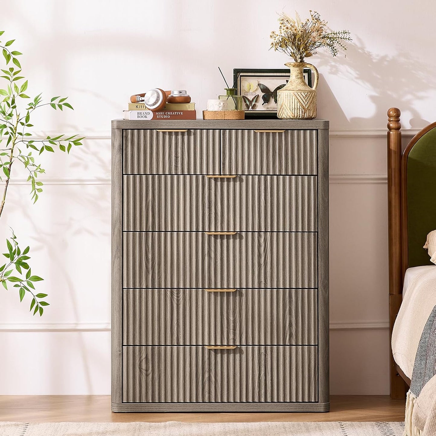 LEYAOYAO Fluted 6 Drawers Dresser for Bedroom, 42" Tall Modern Chest of Drawers with Metal Handle, Curved Profile Design,Grey Wood Drawer Organizer for Bedroom, Living Room, Hallway, Entryway