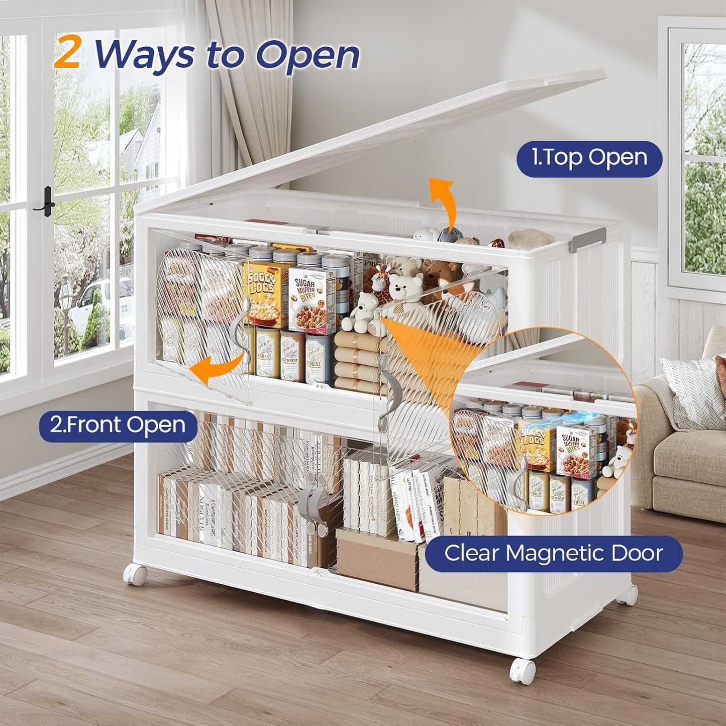 480QT Extra Large Stackable Storage Bins with Lid & Wheels & Doors, 120Gal Foldable Collapsible Closet Organizers, Plastic Cabinet Box Container Drawer for Home Kitchen Bedroom, 4Pack White