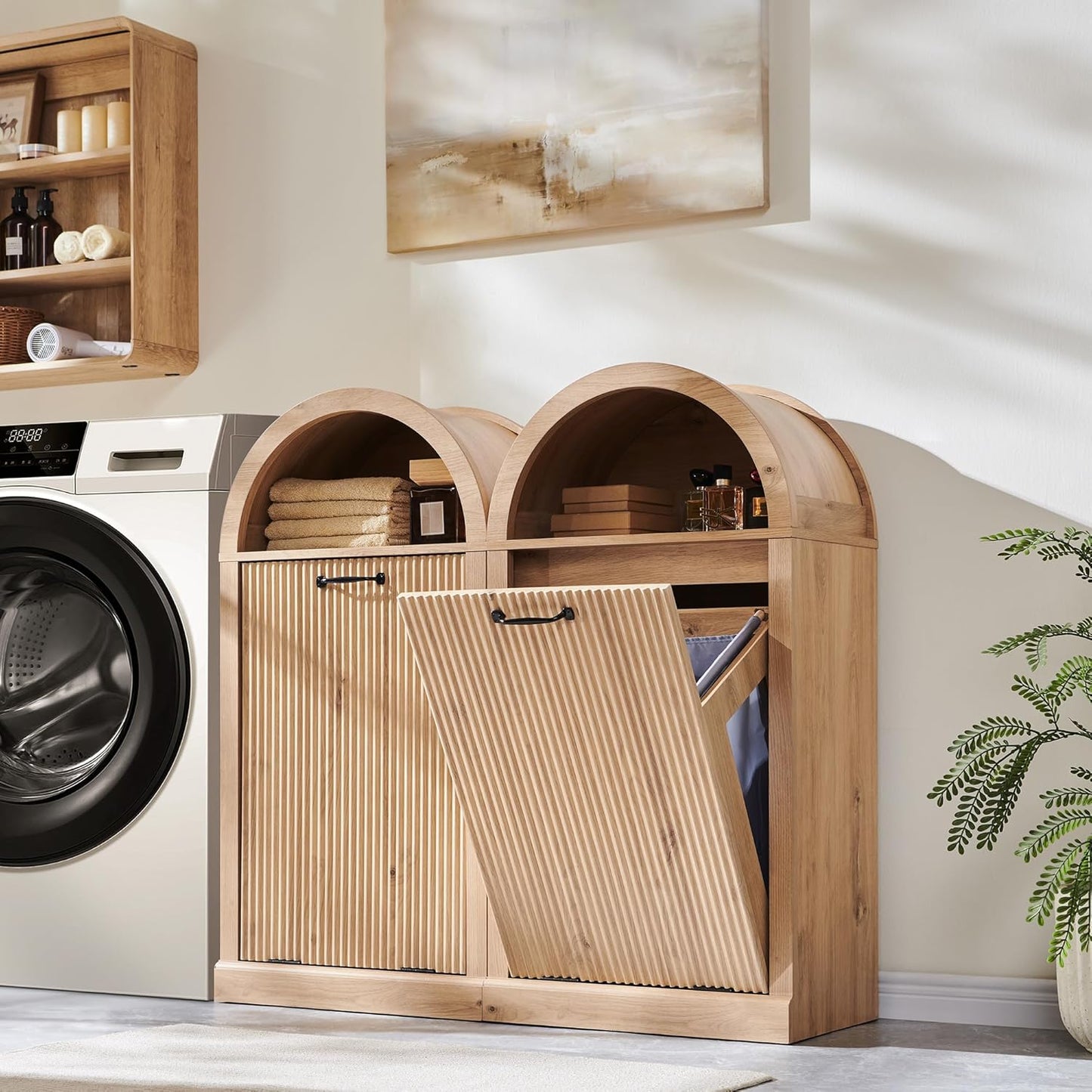 Arched Tilt-Out Trash Can Cabinet, Fluted 10 Gallon Trash Can Cabinet Set of 2, Modern Laundry Hamper, Hidden Garbage with Storage Basket for Kitchen, Living Room, Natural