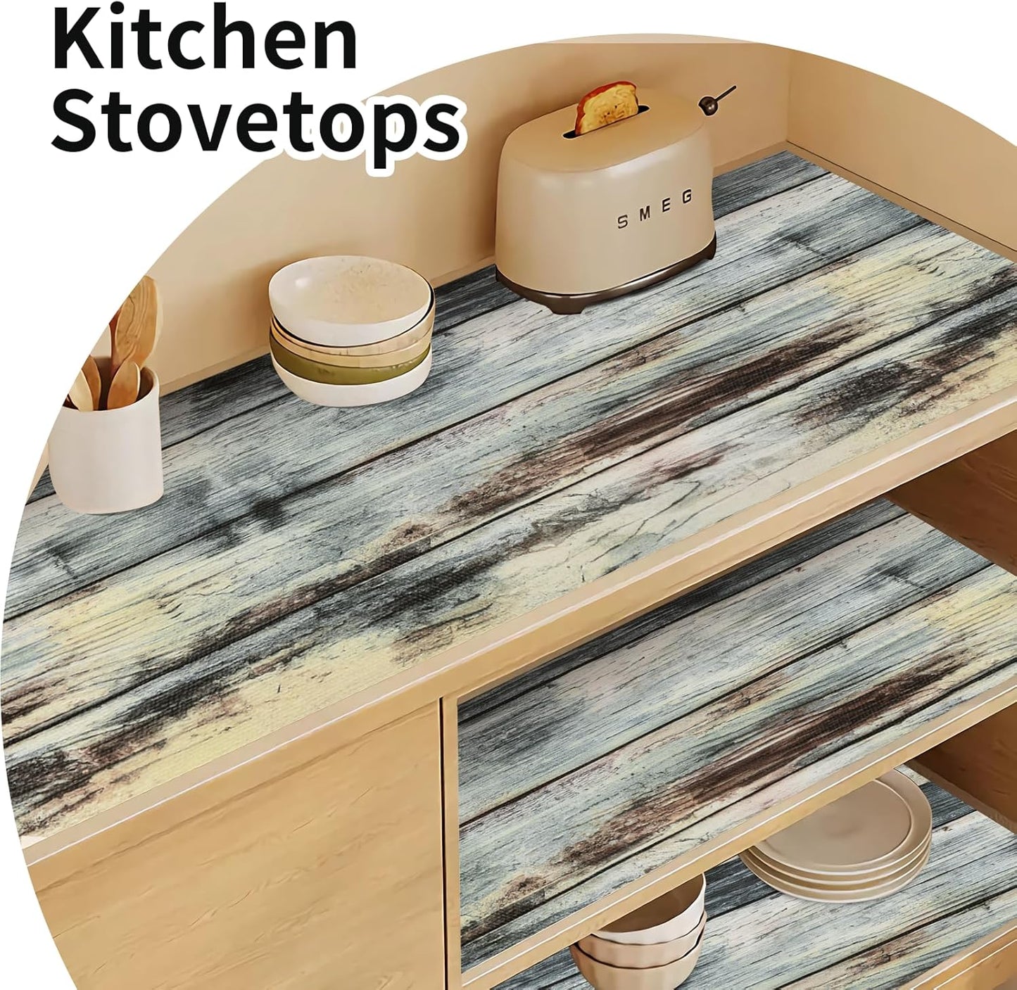 Shelf Liners for Kitchen Cabinets Non Adhesive Drawer Liner 17.5in x 20FT Blue Shiplap Quatrefoil Thickened Shelf Liner Strong Non-Slip Easy to Clean Tool Box Refrigerator with Knife and Tape Measure