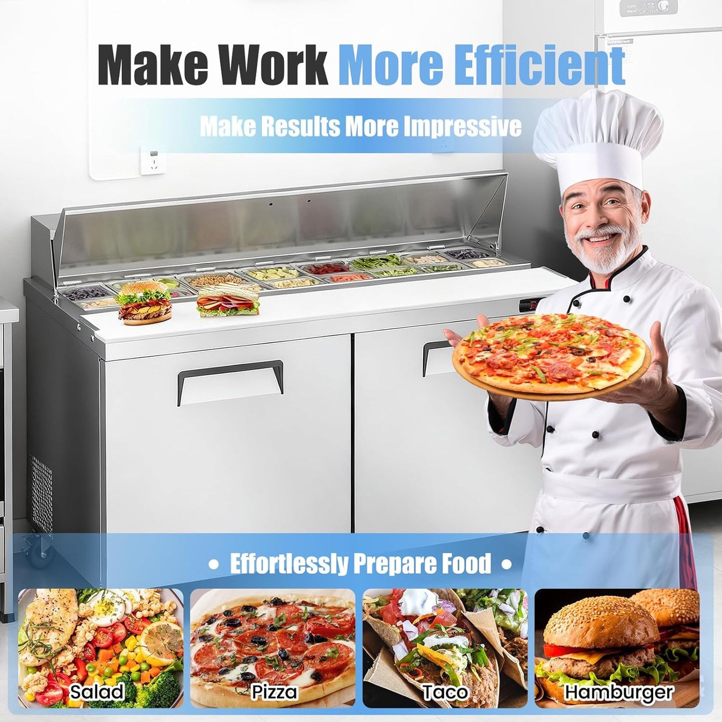 60" W Commercial Refrigerator Sandwich Salad Prep Table, Stainless Steel 2-Door Sandwich Prep Table Refrigerator, Counter Fan Cooling Refrigerator with 16 Pans for Restaurant, Bar