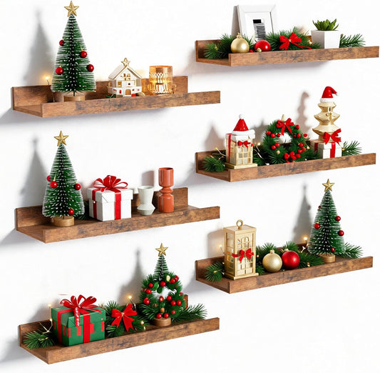 upsimples Floating Shelves for Wall, Wall Shelves for Decor Storage Set of 6, Wall Mounted Wood Shelf for Bedroom, Living Room, Bathroom, Kitchen, Picture Ledge Shelf, Brown