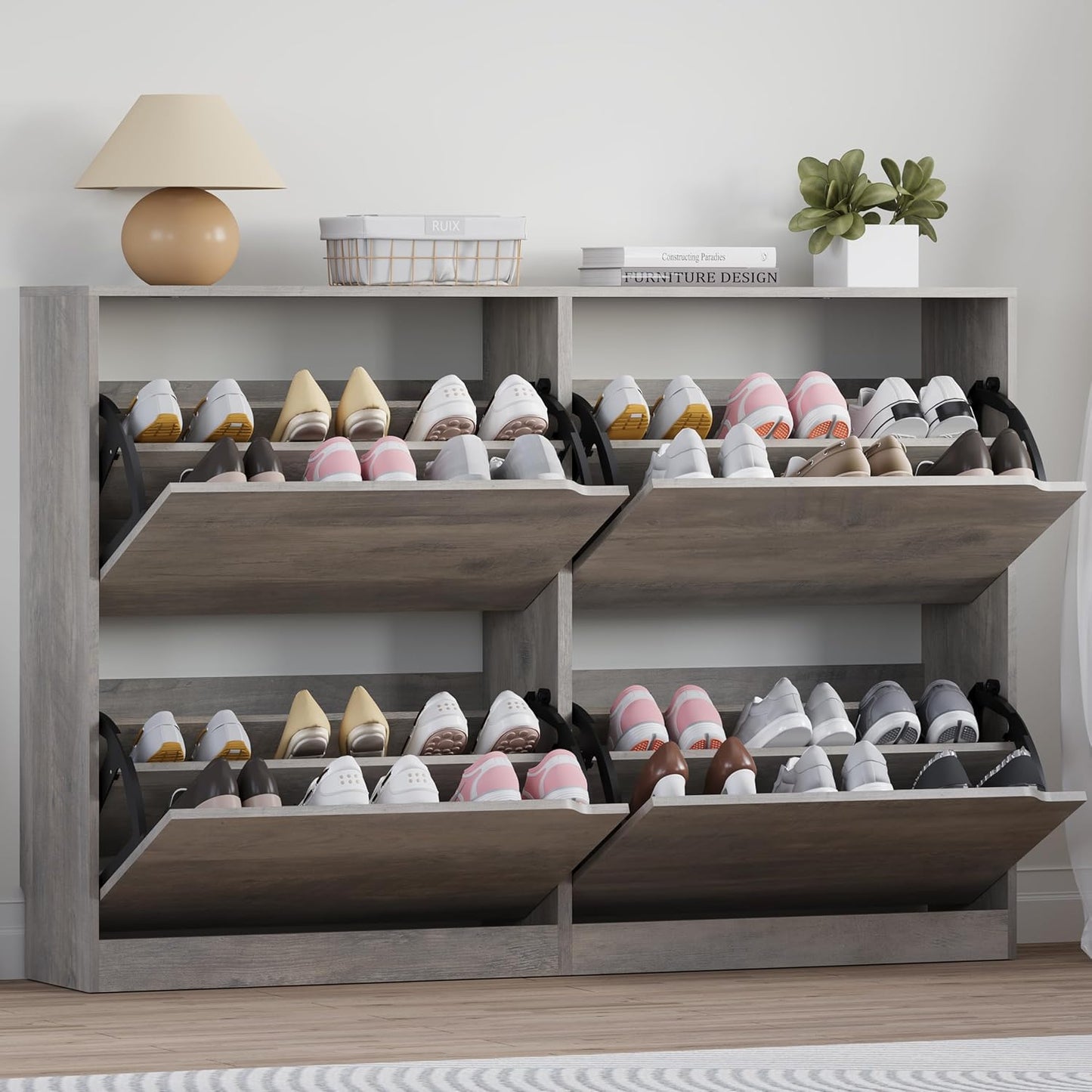 Shoe Cabinet with 4 Flip Drawers, Narrow Hidden Shoe Storage Cabinet, Slim Freestanding Shoe Rack Organizer for Entryway, Hallway, Bedroom, Living Room