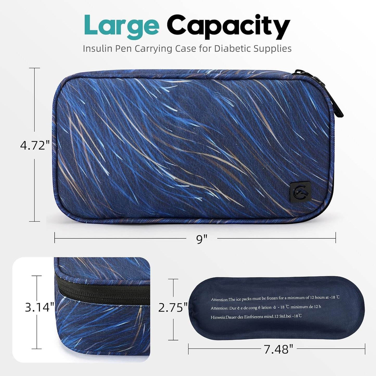 ALLCAMP Insulin Cooler Travel Case Diabetic Medication Cooler with 4 Ice Pack - Medical Cooler Bag Portable and Reusable Blue (9X 4.72x 3.14 inches)