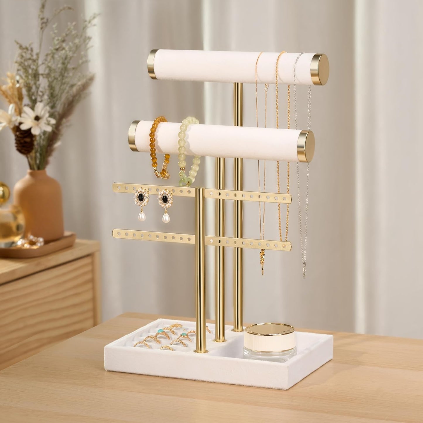 3 Tier Bracelet Holder Display - Detachable T Bar White Velvet Bracelet Holder, Jewelry Holder Organizer for Bracelet, Necklace, Earrings, Rings
