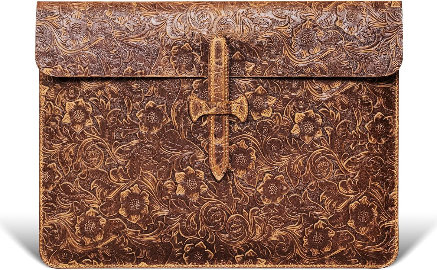 Genuine Leather Laptop Sleeve,Compatible with MacBook Pro 14 Inch M4 M3 M2 M1 Pro/Max Cover,Vintage Protective Computer Case with Floral Pattern,Buckle Brown