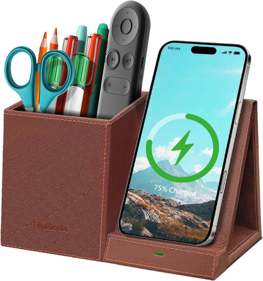 TopMade Wireless Charger with Pen Holder, Multi-functional Desktop Organizer and Storage, Home Office Supplies Desk Accessories, Pencil/Remote Holder with Fast Charging Phone Stand (Brown)