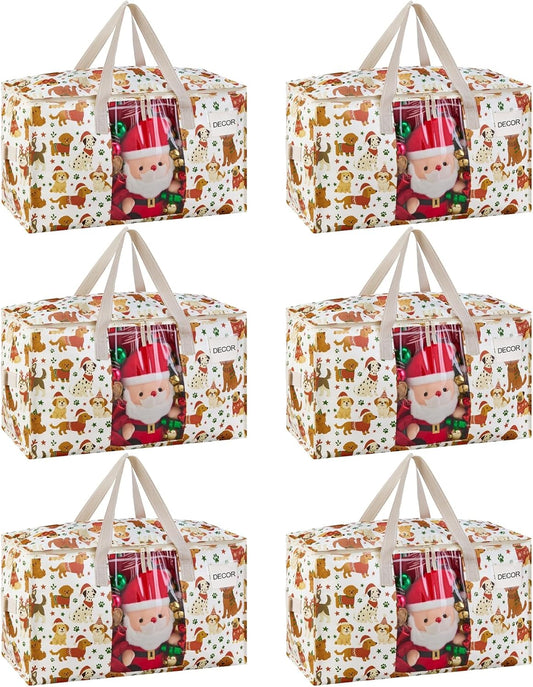 VENO 6 Pack Moving Bags, Large Christmas Storage Bins with lids, Packing Supplies for College, Alternative to Moving Boxes, Foldable, Heavy-Duty Tote, Christmas Pattern (Holiday Pups, 6 Pack)