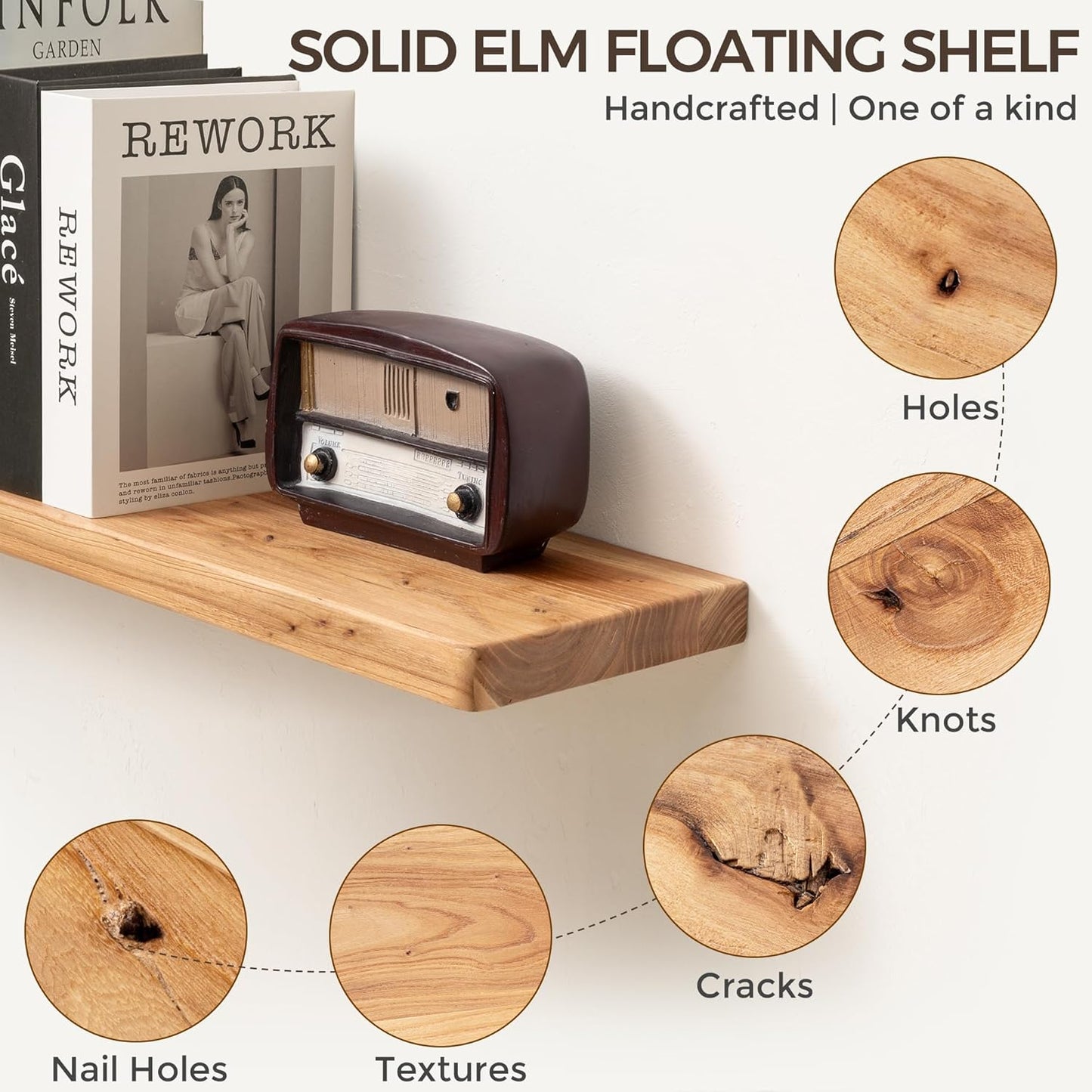 Fun Memories 24 Inch Floating Shelves, Solid Elm Wood Wall Shelf for Home Decor, Rustic Bathroom Shelves Set of 2, Heavy-Duty Storage Shelf for Kitchen, Bedroom, Living Room