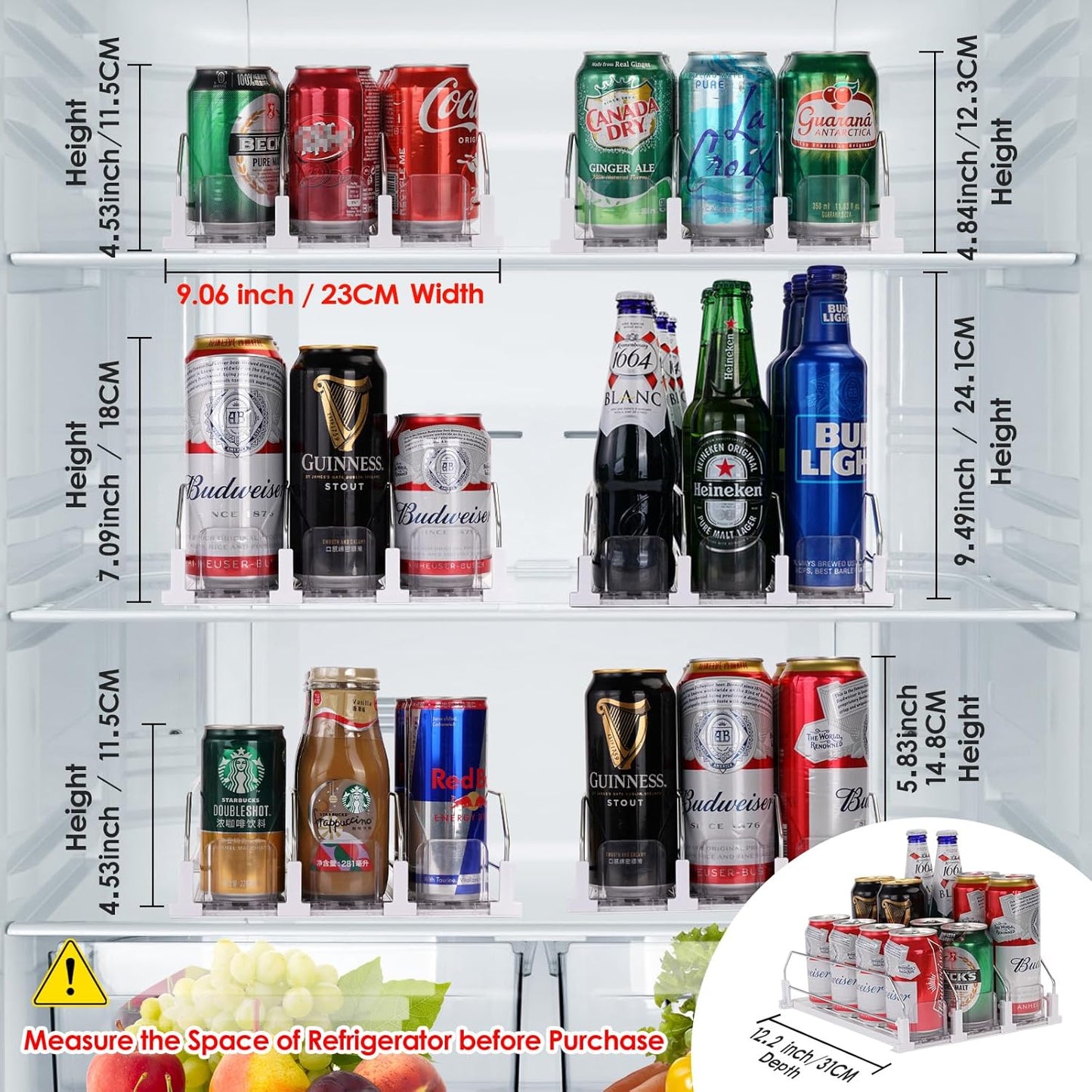 Automatic Soda Can Organizer Refrigerator Can Dispenser for Beer Soda Seltzer already Assembled Drink Pop Can Holder Self-Pushing Drink Organizer for Fridge Storage 15 cans of 11.15oz 12oz 16oz 16.9oz