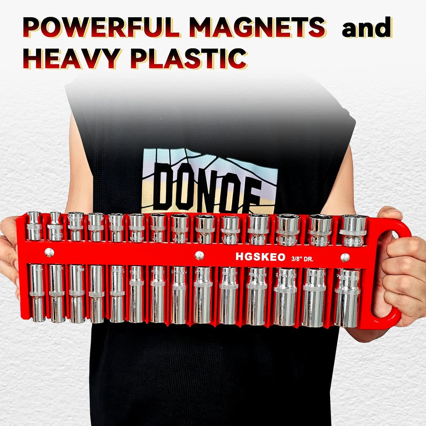Magnetic Socket Holder Set with Handle, Portable Socket Organizer, Heavy Duty Socket Racks 3/8" Drive Holders Hold 28 standard Sockets for Tool Box (Red, 3/8" Drive)