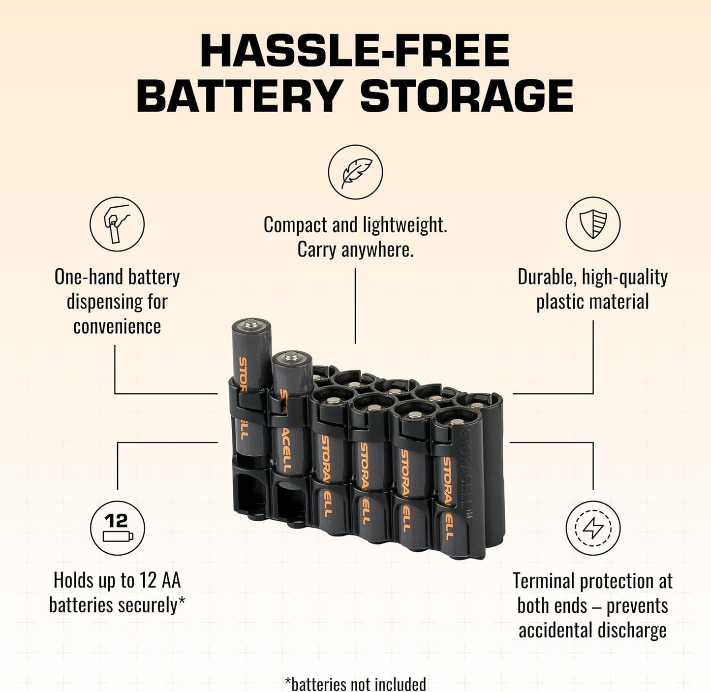 Storacell AA-12 Battery Storage Caddy and Dispenser (Pack of 2), Black, Holds 12 AA Batteries (Not Included), Durable & Compact Design, The Original Battery Caddy, Made in The USA