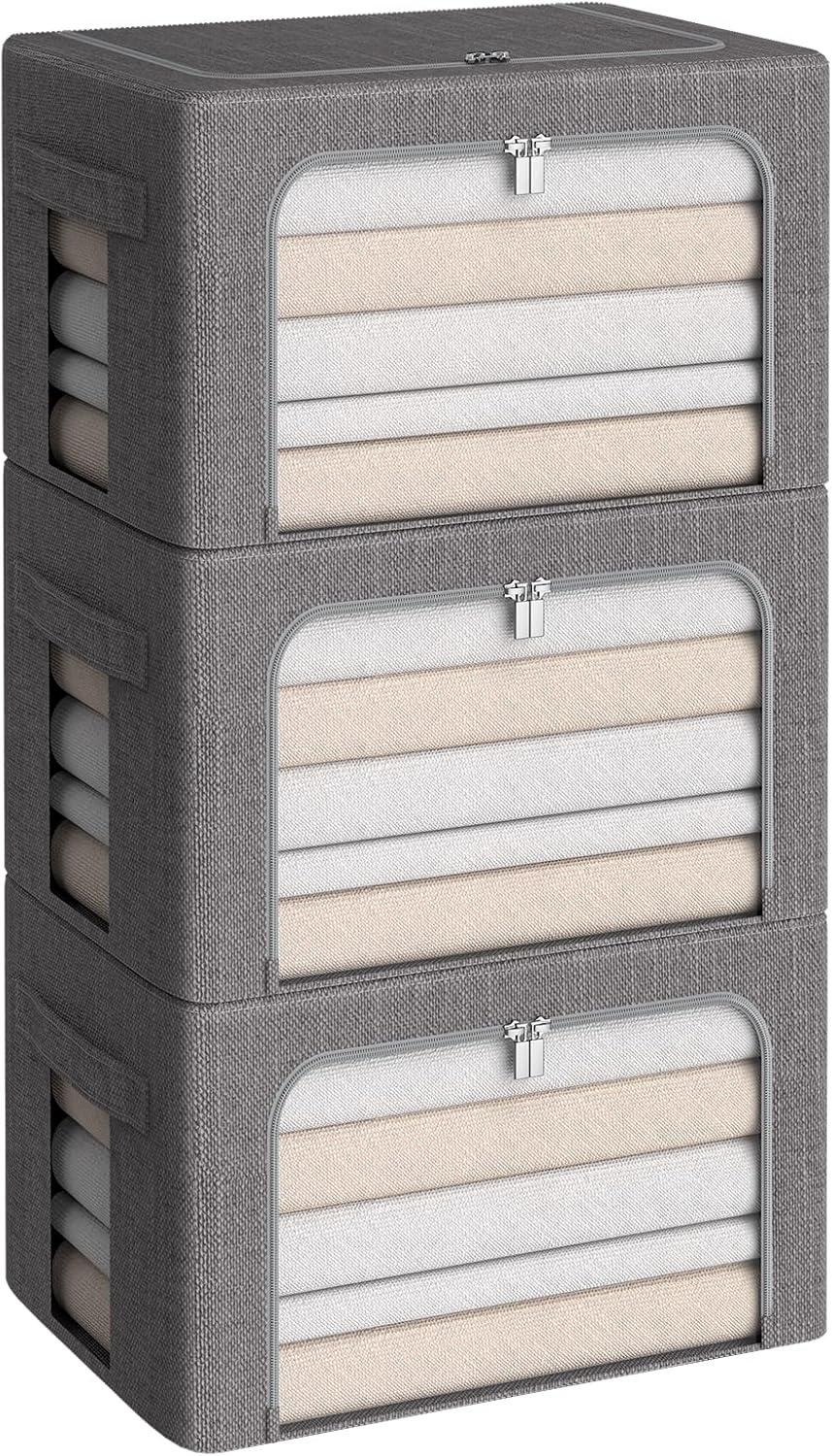 CYhom 3Pack Foldable Storage Bins - Frame Storage Box Linen Fabric Stackable Clothes Container Organizer with Clear Window & Carry Handles Large Capacity (Medium-36L, Dark Gray)