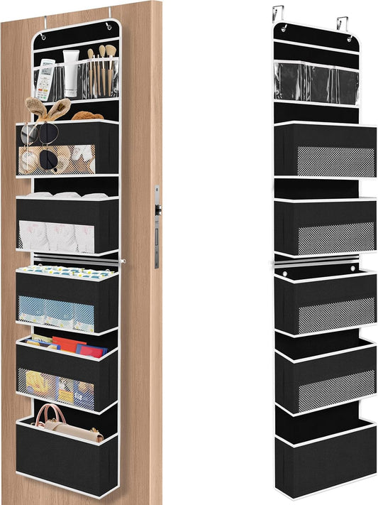 6-Tier Over The Door Organizer Hanging Storage Organizers with Clear Window 40lb Large Capacity Room Organizer for Pantry Bathroom Nursery Closet(Black)