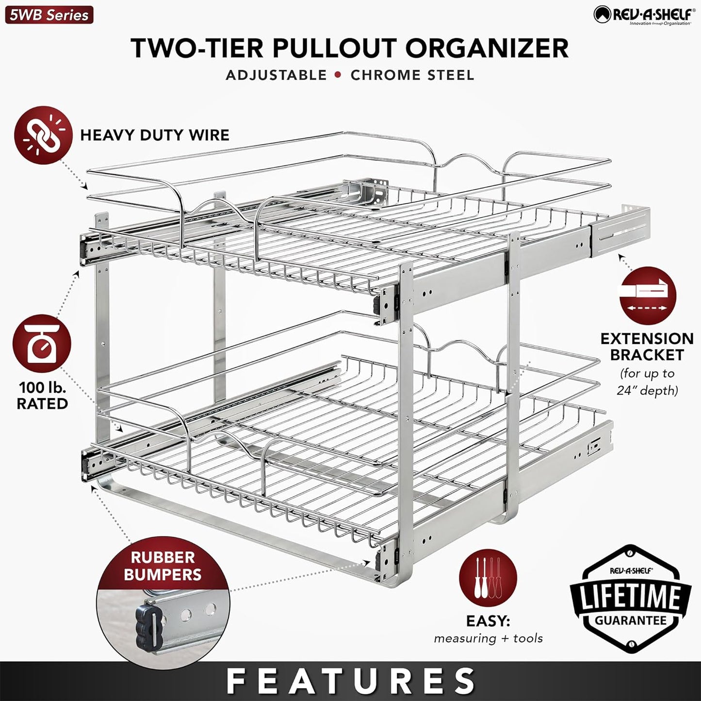 Rev-A-Shelf 2 Tier Kitchen Cabinet Pullout Shelf and Drawer Organizer Slide Out Pantry Storage Basket in Multiple Sizes, 21 x 22 In, 5WB2-2122CR-1