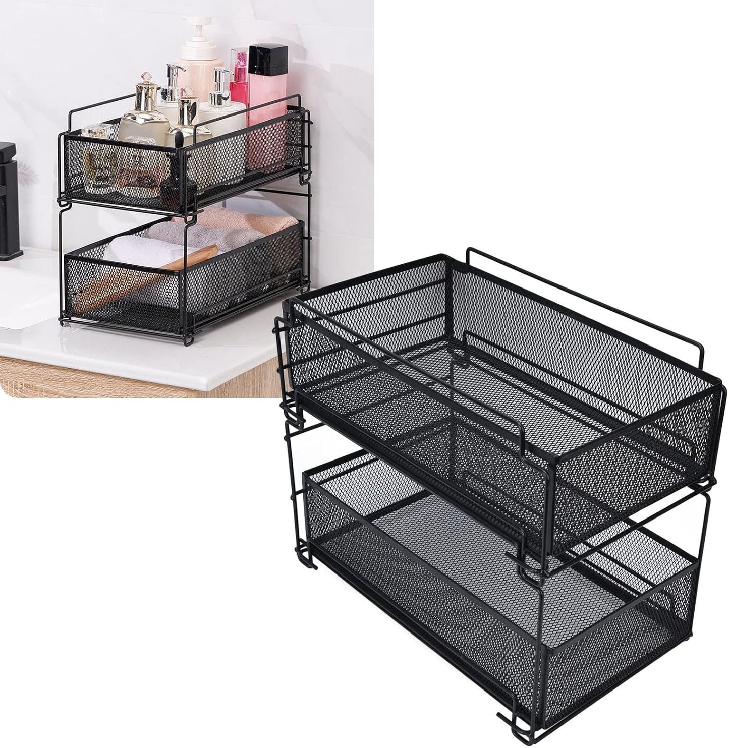 Cupboard Organiser, 2 Tier Under Sink Storage Organiser, Kitchen Storage Drawer Basket Rack Multilayer Kitchen Shelf Sliding Under Sink Drawer