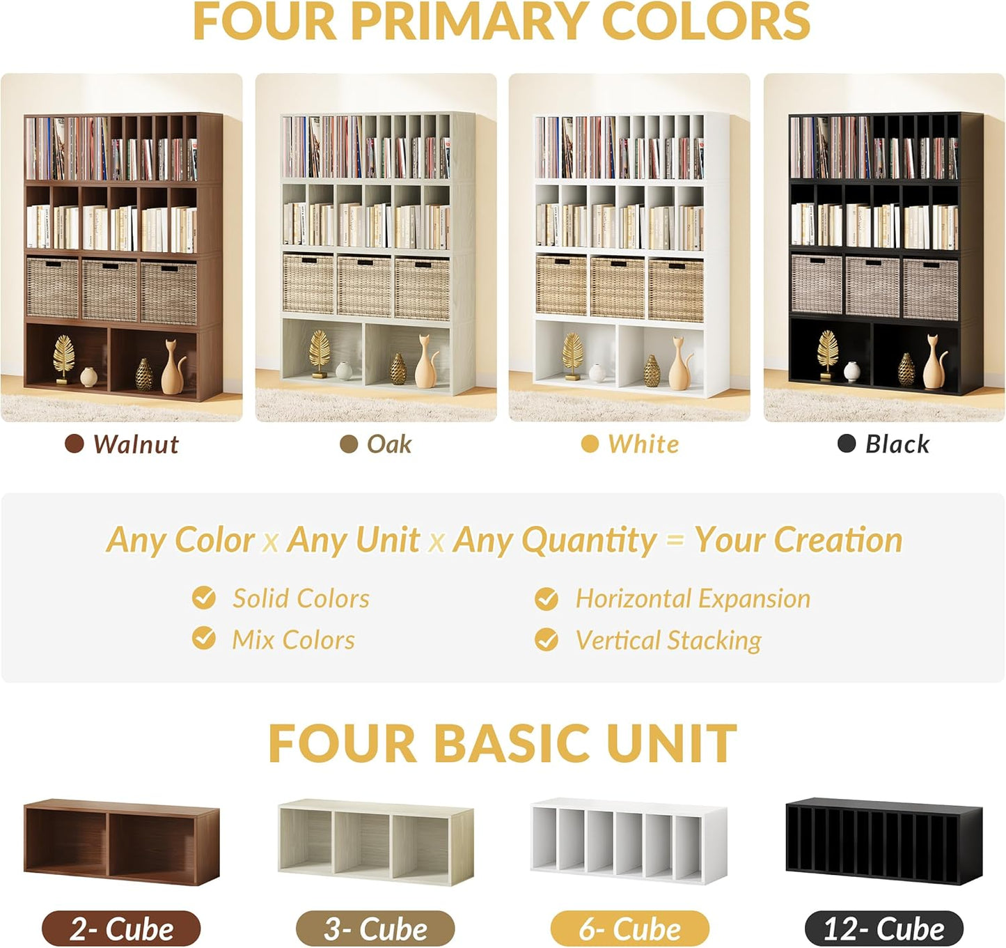 IOTXY DIY Modular Cube Bookcase - CubeXY Customizable Stackable Expandable Basic Shelving Units, 12-Cube Wooden Open Bookshelf with Removable Shelves for Vinyl Record Storage Organizer, White