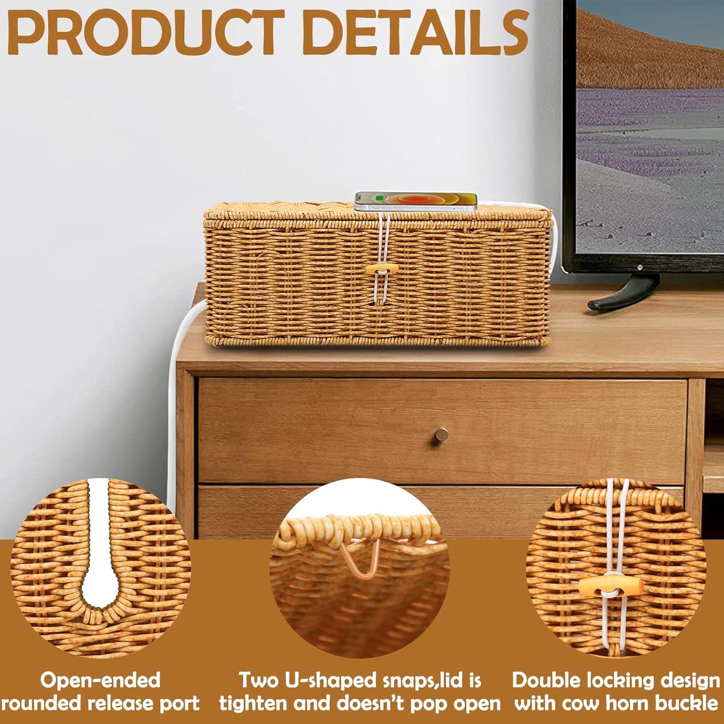 2PCS Cable Management Box, Handmade Rattan Cable Organizer, Open Slots Cords Hider Box Cord Basket Under Desk Cord Organizer for Computer Router USB Hub & Power Strip