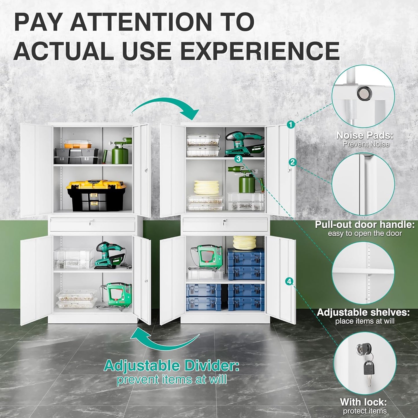 SISESOL White Metal Storage Cabinet with Drawer and Locks,Garage Storage Cabinet with Locking Doors and Adjustable Shelves,71" Tall Large Metal Cabinets with Magnetic Door for Home,Office,Garage