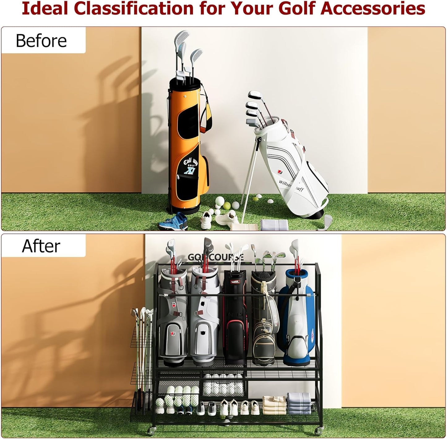 Garvee 4-5 Bags Stand Golf Organizer Rack with Wheels-Large Golf Bag Storage Organizer for Garage,Golfs Club and Home