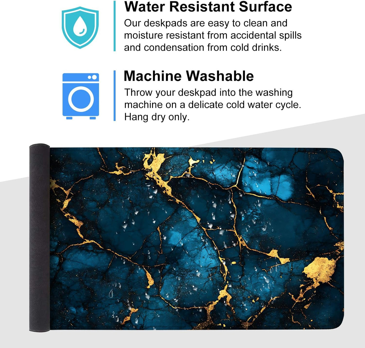 Blue Marble Gold Vein Mouse Pad – Large Extended Desk Mat 35.43 x 15.75 in – Elegant Navy Ink Texture with Metallic Cracks, Keyboard & Mouse Pad for Office & Gaming