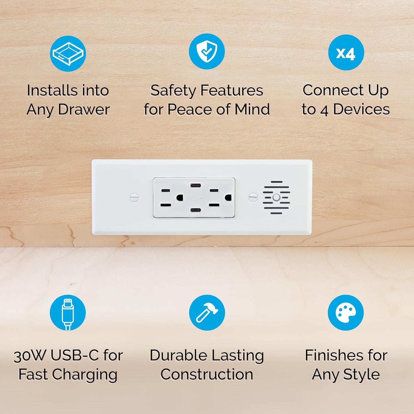 Docking Drawer Blade in-Drawer Outlet, Integrated Safety Shutoff, (2) 30W USB-C & (2) 15 amp AC, Black