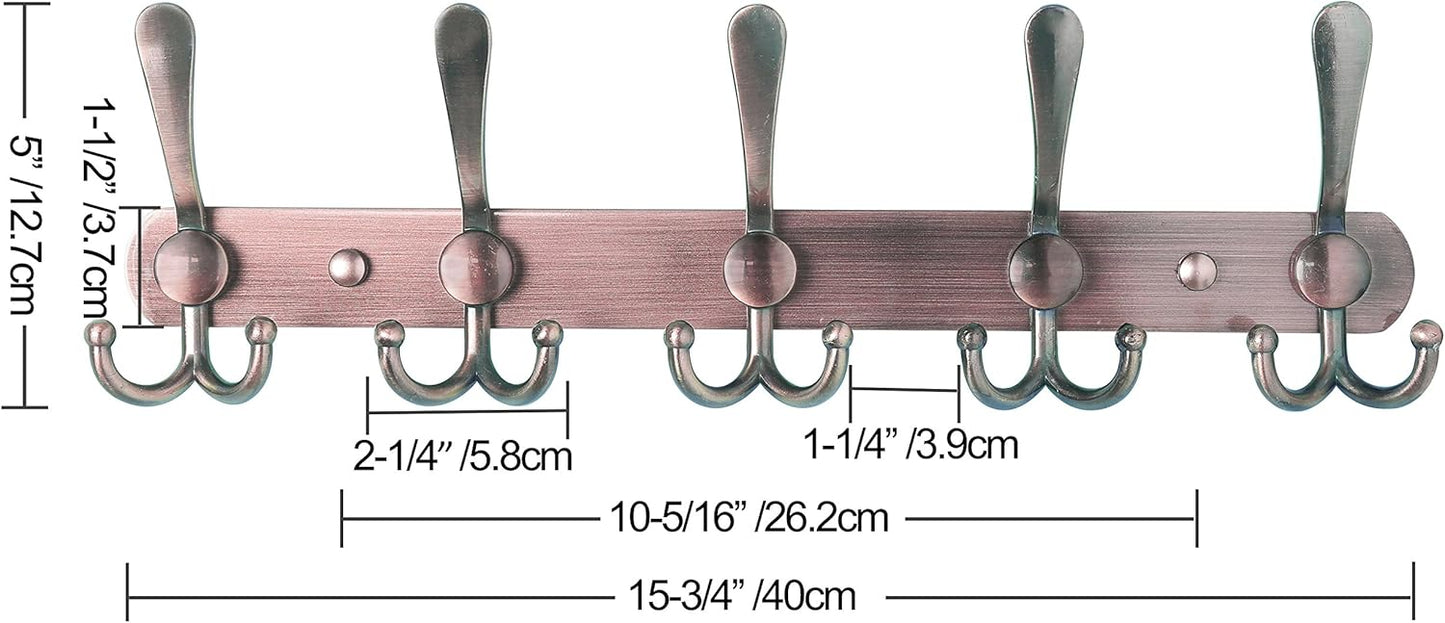 Dseap Wall Mounted Coat Rack - 5 Tri Hooks, Heavy Duty, Stainless Steel, Metal Coat Hook Rail for Coat Hat Towel Purse Robes Mudroom Bathroom Entryway (Antique Copper, 2 Packs)