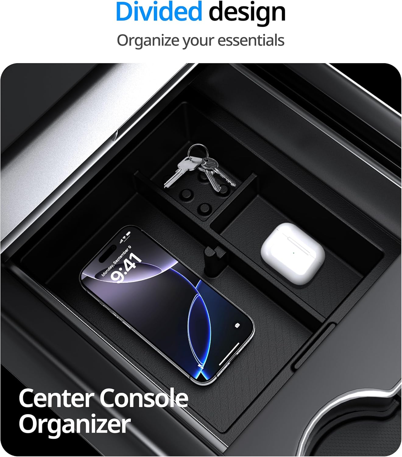 UBeesize Tesla Model Y Juniper Accessories (2025-2026), Center Console Organizer Tray for Model 3 Highland(2024-2025), Double-Layer Sliding Armrest Hidden Storage Box, 5PCS Black
