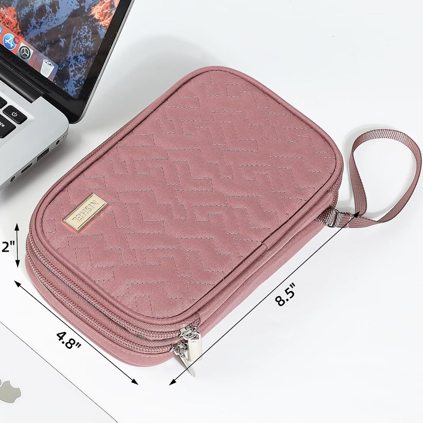 NISHEL Travel Cord Organizer Case, Double Layers Tech Electronic Case, Travel Essentials for Charger, Cable, Phone, Flash drive, Medium, Rose-wood Pink