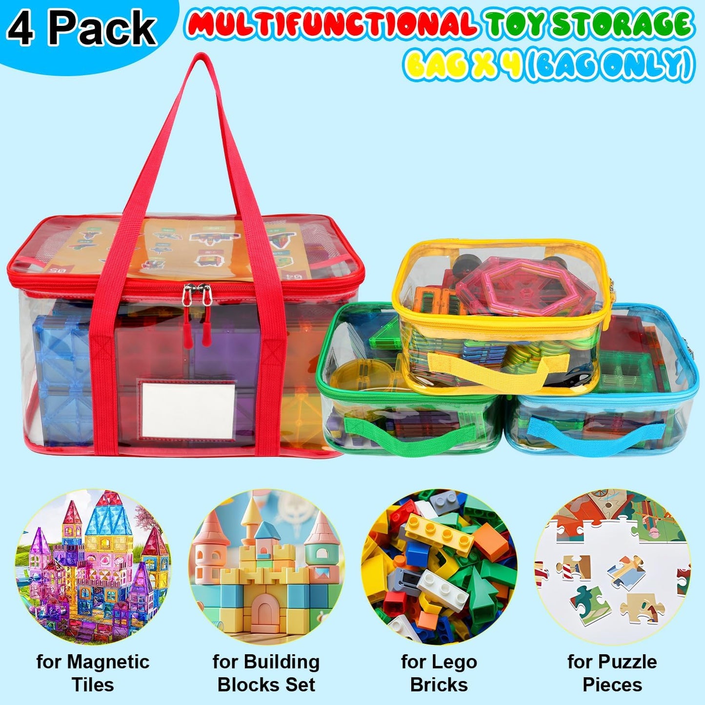 4 Pack Magnetic Tiles Storage Bag with Manual Pocket& Name Tag, Whole Clear PVC Magnetictiles Organizer Case for Magnetic Tiles, Building Blocks, Toy Cars, Board Game, Puzzle (Colorful)
