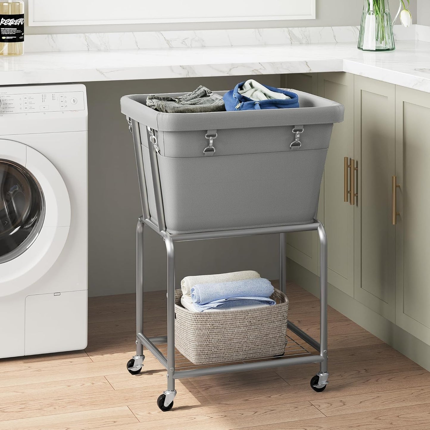 ELYKEN Laundry Cart with Wheels, Rolling Laundry Hamper with Removable Bag and Shelf, Metal Frame Laundry Basket with 4 Casters and 2 Brakes, Ideal for Bedroom, Bathroom, Laundry Room, Gray