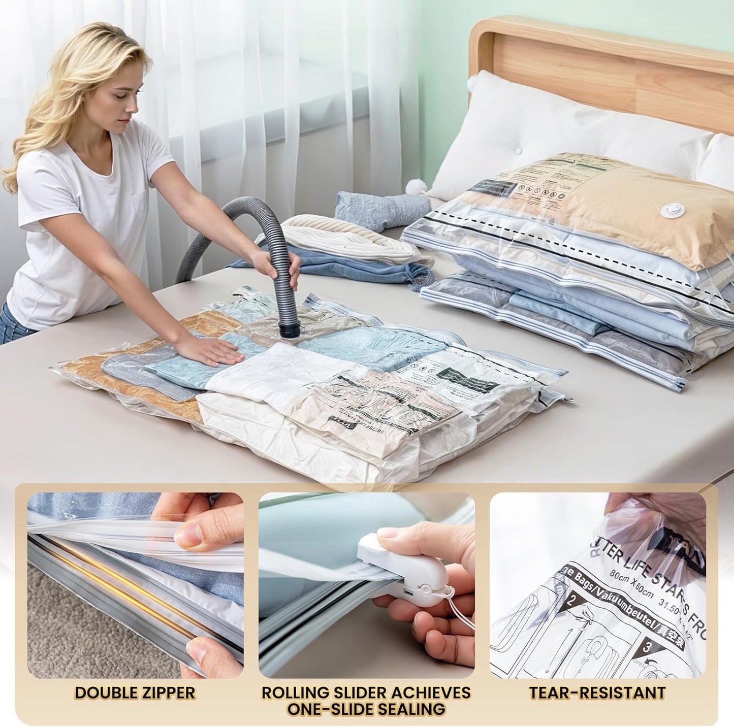 TAILI 12 Pack Vacuum Storage Bags, LONG SIDE ZIP (39x28 inch) Vacuum Seal Bags for Clothing, Jumbo Storage Space Saver for Beddings, Comforters, Blanket, Pillows and Clothes