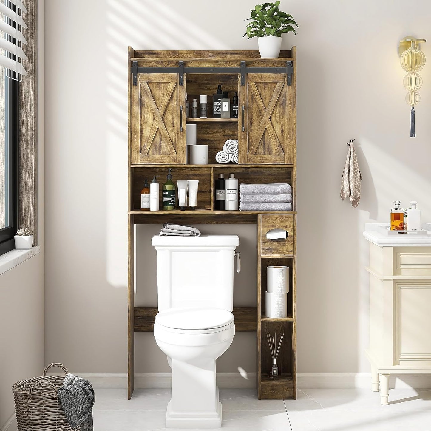 Vabches Over The Toilet Storage Cabinet, Farmhouse Storage Cabinet Over Toilet with Sliding Doors & Toilet Paper Holder Stand，Home Space-Saving Toilet Rack, for Bathroom, Restroom, Laundry