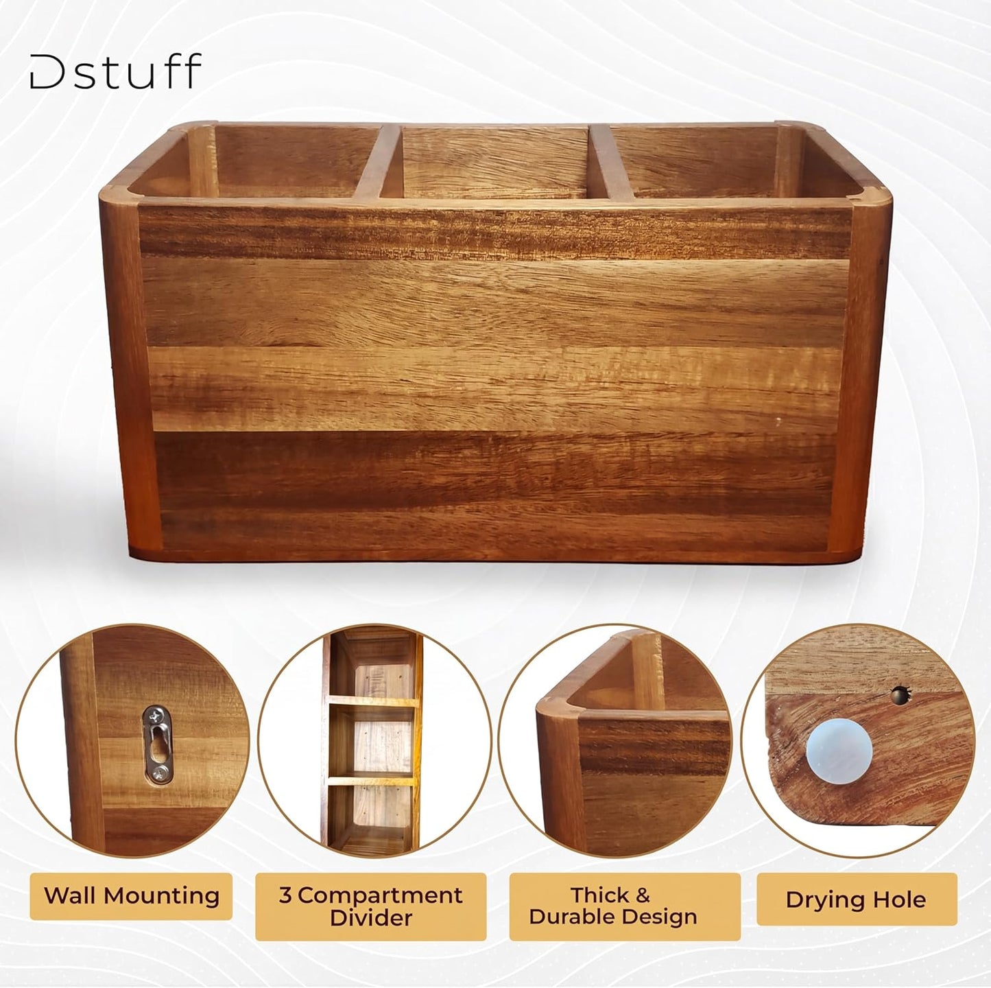 Dstuff Large Kitchen Utensil Holder Organizer for Counter or Countertop, Large Wooden Utensil Holder for Storage Cooking and Silverware with 3 Compartment, Acacia Rustic Wood Container Extra Large