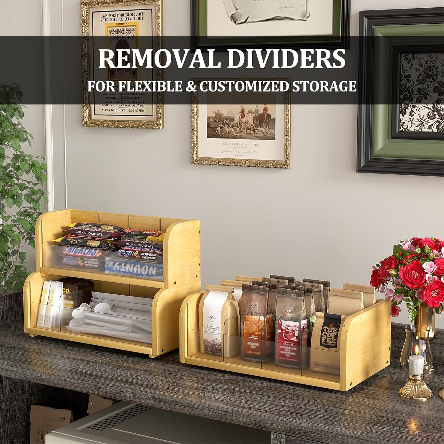 Bamboo Tea Bag Organizer, 3 Tier Stackable Tea Bags Storage Box with Acrylic Dividers
